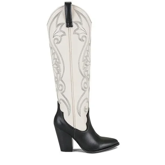 Steve Madden Lasso White Black Leather Western Tall Boots Size 8 Cowboy Style - Picture 2 of 6